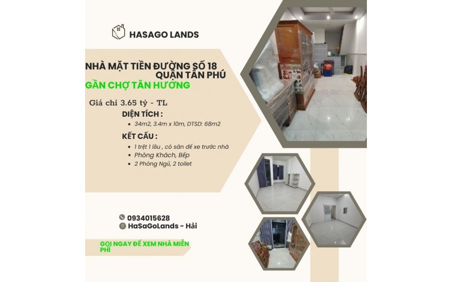 CỰC HIẾM Bán nhà Mặt Tiền gần chợ TÂN HƯƠNG 34m2, 2TẦNG, 3.65tỷ